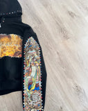 Men and women loose casual simple zipper jacket American retro splicing hot diamond print cartoon design hooded sweatshirt