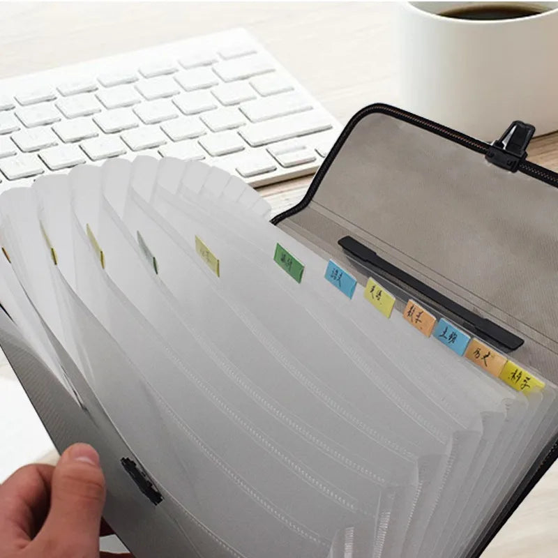 1PC Premium Black 5-Compartment Folder with Handle, Durable PP Desk Organizer with Color-Coded Labels for Office & Home Use