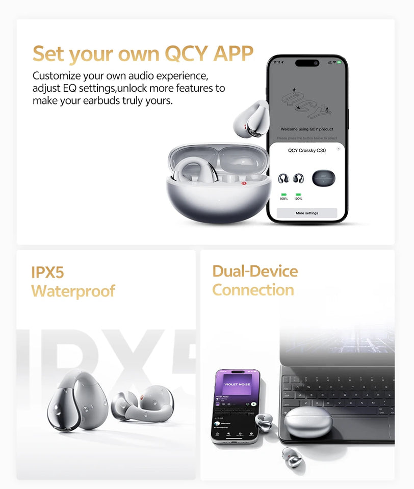 QCY T33S Open Ear Earbuds Crossky C30S Ultra-Comfort Clip On Ear Buds Wireless Bluetooth 6.0 LDAC Hi-Res Audio 40H Earphones