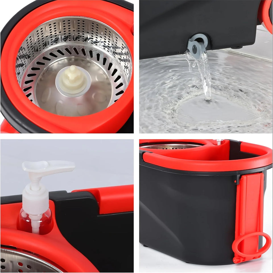 Spin Mop and Bucket Set with Wringer 360° Spinning, 4 Microfiber Mop Heads 61" Adjustable Handle Stainless Steel Floor Cleaner