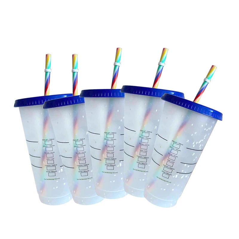 5Pcs Tumbler with Straw Plastic Coffee Cup BPA Free Creative Straw Cup With Logo Change Color Water Bottle 710ml Coffee Tumblers