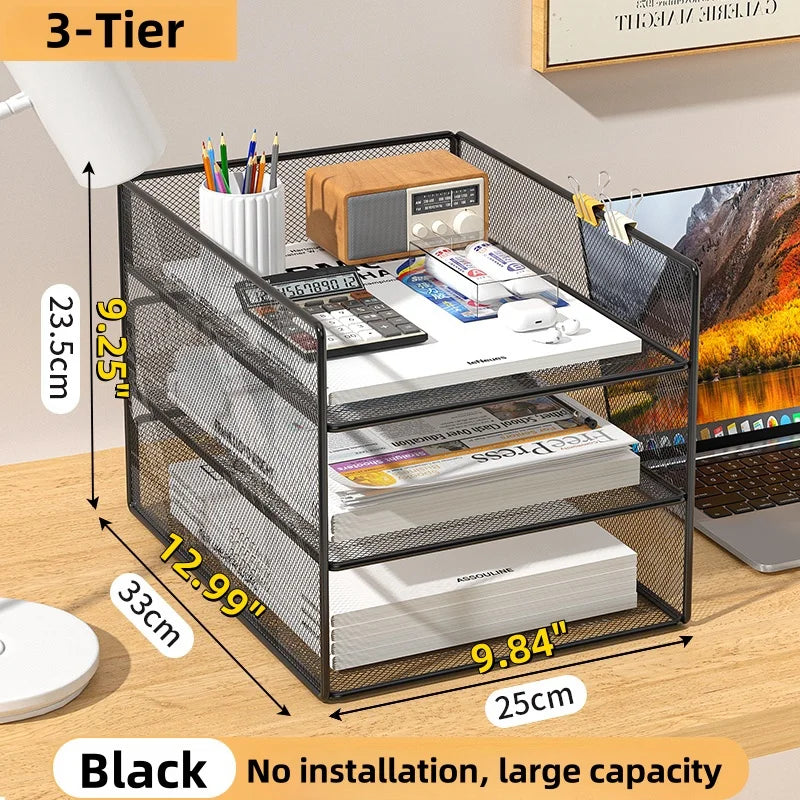 Office File Organizer Capacity Metal Mesh Desk Organizer with Three Layer Design Multifunctional File Holder Paper Storage Rack