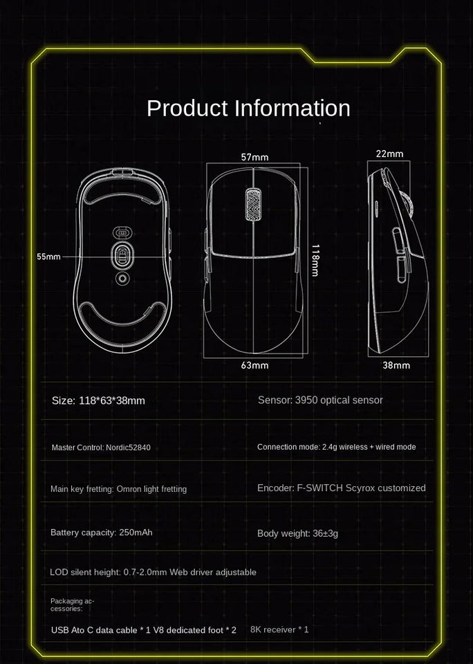 [IN STOCK ] SCYROX V8 8K Wired And Wireless Ultra-Lightweight 36g Gaming Mouse Ergonomics PAW3950 E-Sports Mice PC Gamer Accy