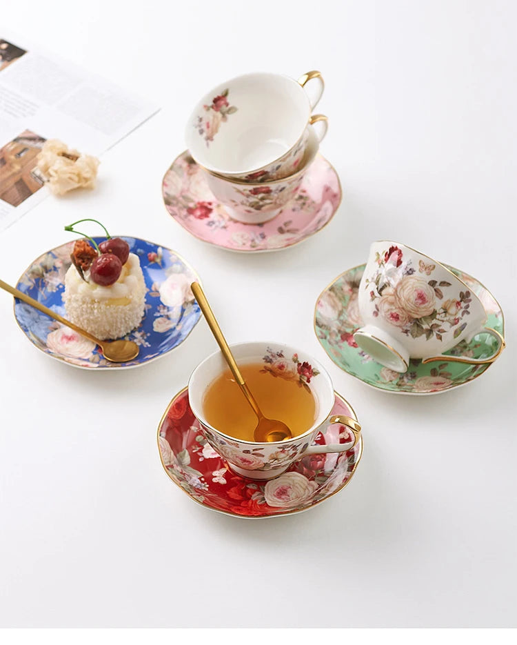 English Camellia Coffee cup & Saucer Set, Light luxury Home afternoon Tea cup and plate, Girls' gift, High appearance level cups