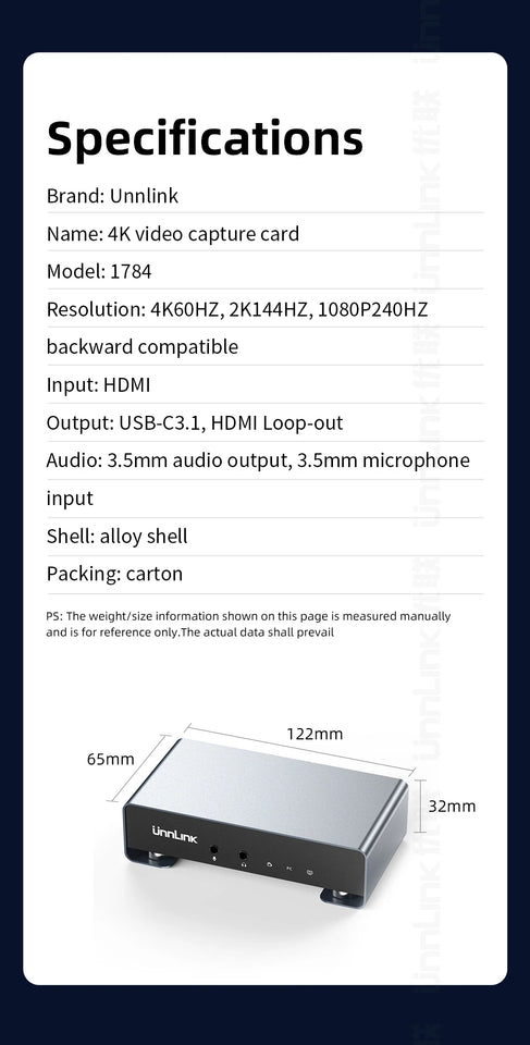 Unnlink 4K 60Hz 2K 144Hz Video Capture Card HDMI USB Recording Box Streaming Gaming / HDR Passthrough for PS5/4 Xbox Camera PC