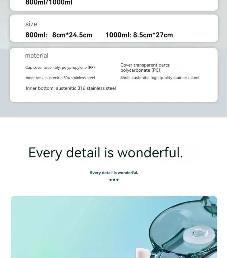 GIANXI 1000ml Spring Cap Large Capacity Vacuum Cup 316 Stainless Steel Coffee Cup Portable Outdoor Sports Water Bottle