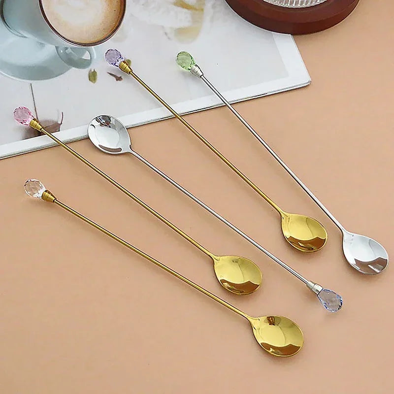 Crystal Spoon Set Long Handle Teaspoon 430 Stainless Steel Diamond Ice Spoon Perfect for Dessert Ice Cream Coffee Cocktail커피