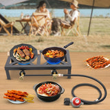 Portable Double Burner Outdoor Gas Stove Propane Cooker with Adjustable 0-10Psi Regulator Hose for Patio Camping, BBQ, Home