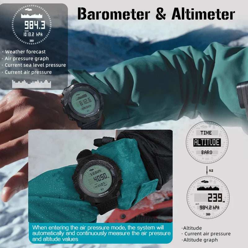 NORTH EDG APACHE-D Men's Digital Free Dive Watch Outdoor Sport Watches Altitude Barometer Compass World Time Waterproof 100M