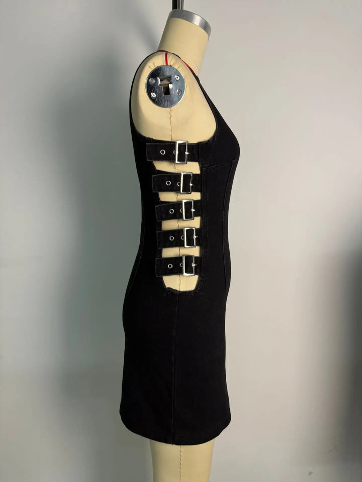 2025 Sexy American Y2K Washed Denim Lace-up Tank Dress Spring New Slim Fit Pencil Mini Skirt Streetwear Chic