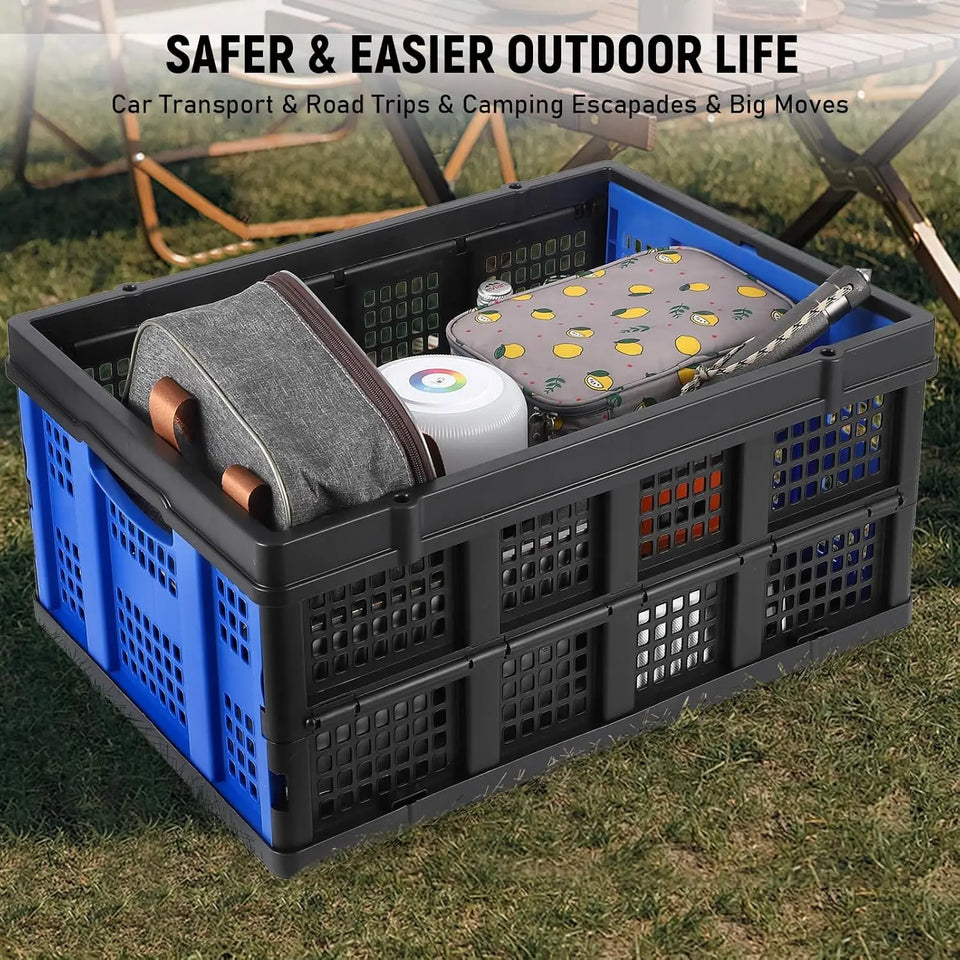 55L Heavy-Duty Collapsible Plastic Crate Foldable Storage Basket with Side Handles, Stackable Design for Food Drinks Books Tools