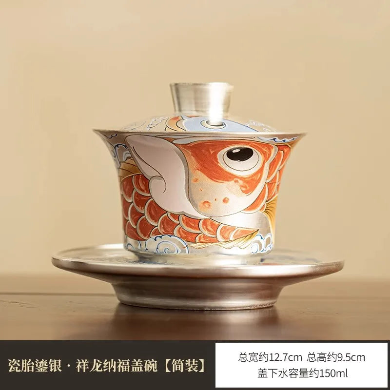 Tea set handmade silver three talents horseshoe covered bowl, Chinese dragon fish respect tea bowl, tea making bowl, tea cup for