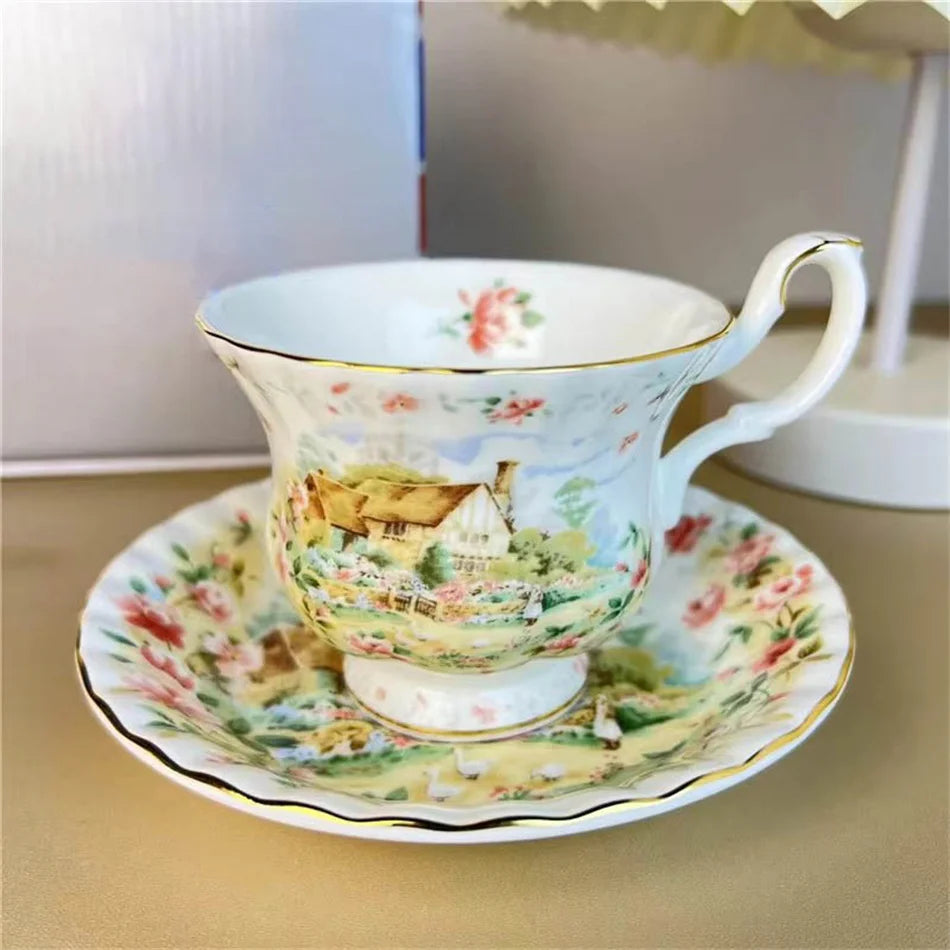 Ceramic Cup and Saucer Spring Summer Autumn Winter Coffee Cup Saucer Dinner Plate Dim Pot Black Teacup European Bone China Mug