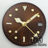 28.8mm Brown Coffee Dial With Gold Edge Time Marks Green Luminous For NH34 NH35 Movement Date Window