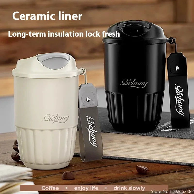 410ml Ceramic Liner Thermos Coffee Cup Double Wall Stainless Steel Vacuum Insulated Thermos For Coffee Thermal Mug Tumbler Gift