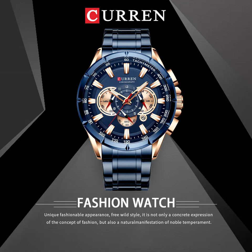 CURREN 8363 Casual Sport Chronograph Men's Watches Stainless Steel Band Wristwatch Big Dial Quartz Clock with Luminous Pointers