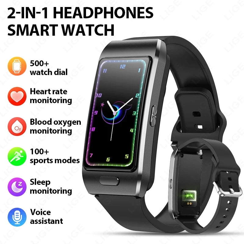 LIGE Smart Watch 2 In 1 TWS Headset 1.57" Men Women GPS Sports Fitness ECG Heart Rate Watches Bluetooth Call Music Smartwatch