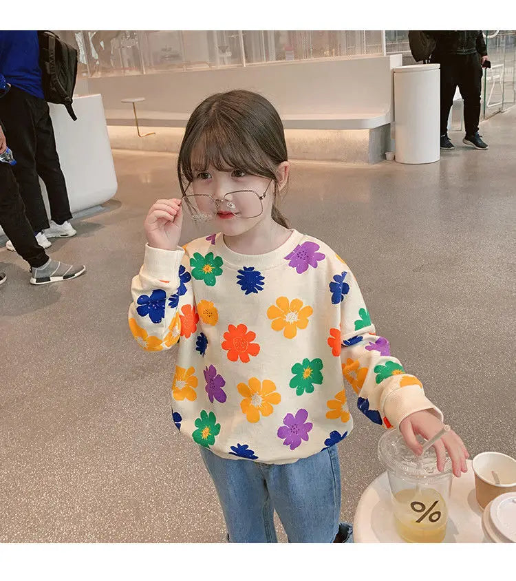 Spring Autumn Baby and Girls Sweet All-Over Flowers Sweatshirt School Kids Outfit Pullover Tops Child Workout Jumper 1-12 Years