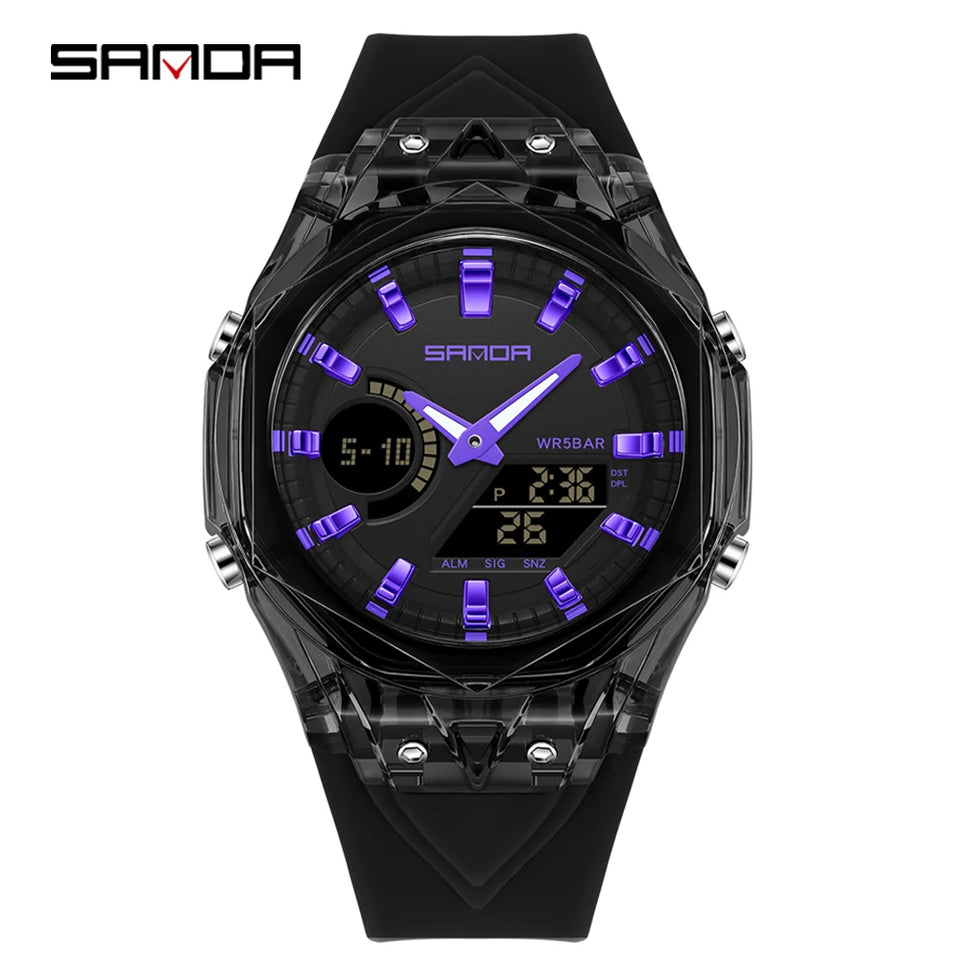 SANDA Top New 6283 Dual Display Multifunctional Student Electronic Watch Alarm Clock Night Light Waterproof Sports Student Watch