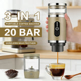 Outdoor camping portable capsule coffee machine, 3-in-1 multi-functional espresso machine with built-in wireless milk frother.