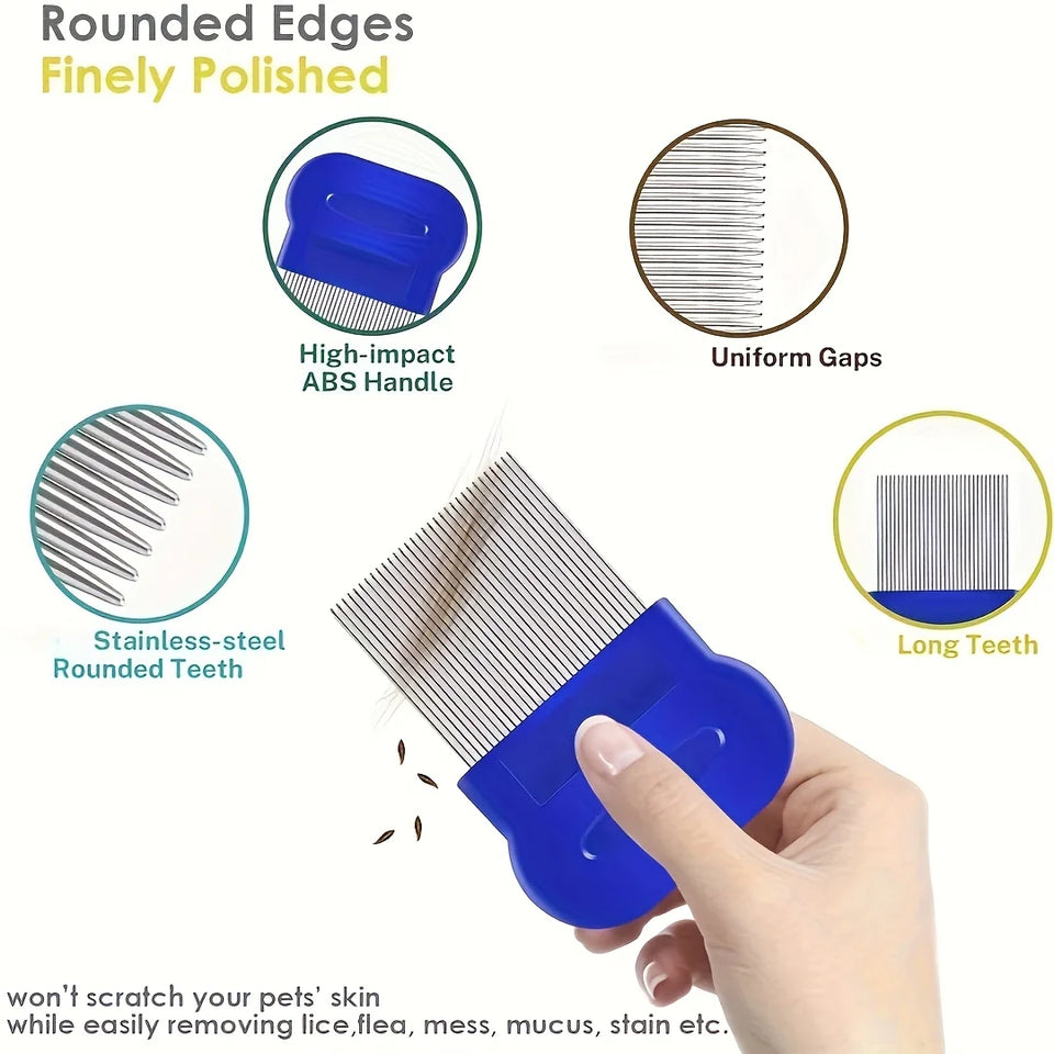 Pack of 4 Flea and Lice Combs, Stainless Steel Rabbit Dog Cat Grooming Comb with Round Teeth, Double-sided Professional Pet Tear