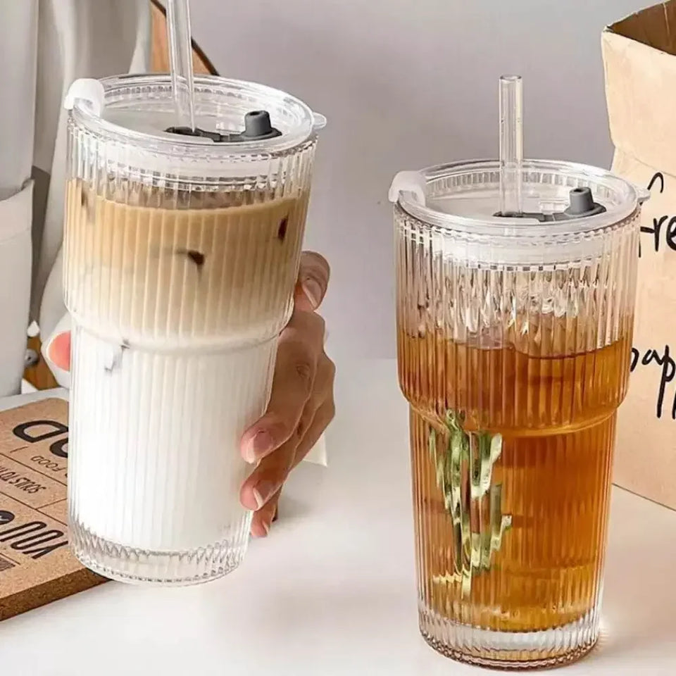 400/600ML Stripe Glass Coffee Cup With Lid and Without Cover Straw Transparent Drinking Glasses for Juice Iced Coffee Mugs