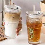 400/600ML Stripe Glass Coffee Cup With Lid and Without Cover Straw Transparent Drinking Glasses for Juice Iced Coffee Mugs
