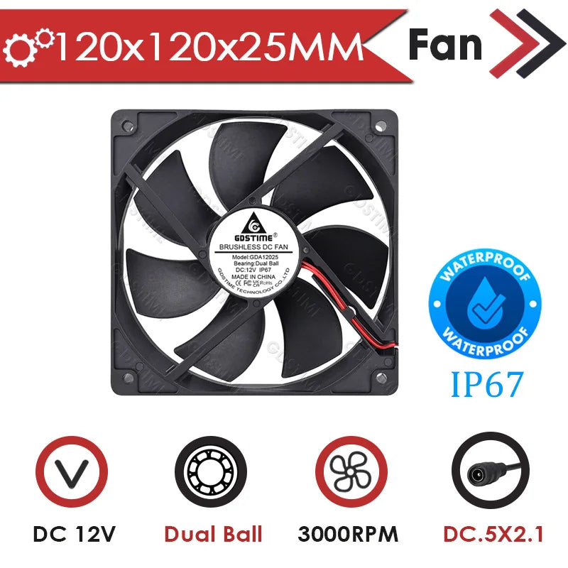 Gdstime DC 12V Waterproof Industrial Ultrasonic Humidifier Refrigeration Cooler 60mm/80mm/120mm Outdoor Water Proof Cooling Fan