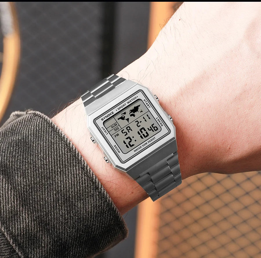 SYNOKE Stainless Steel watchband Chrono Sport Watches Men Back Light Display Digital Wristwatch Waterproof plastic watch case