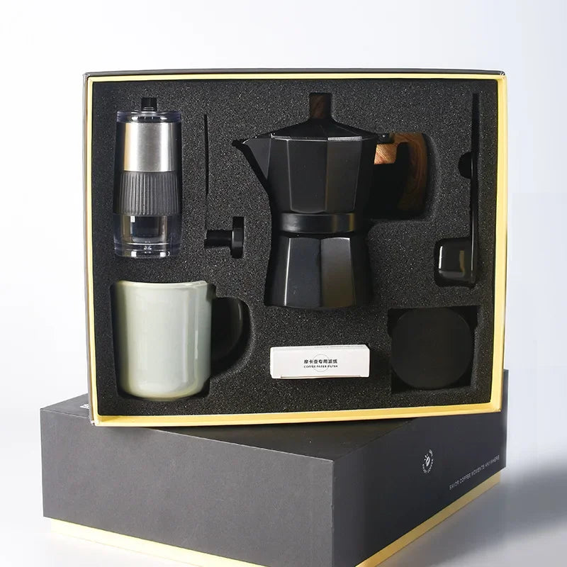 Hand Grinder Coffee Maker Set,Hand Grinder Set Gift Box,Moka Pot 6 Piece Set,with Cup,bean Bin,filter Paper and Bean Brush Spoon