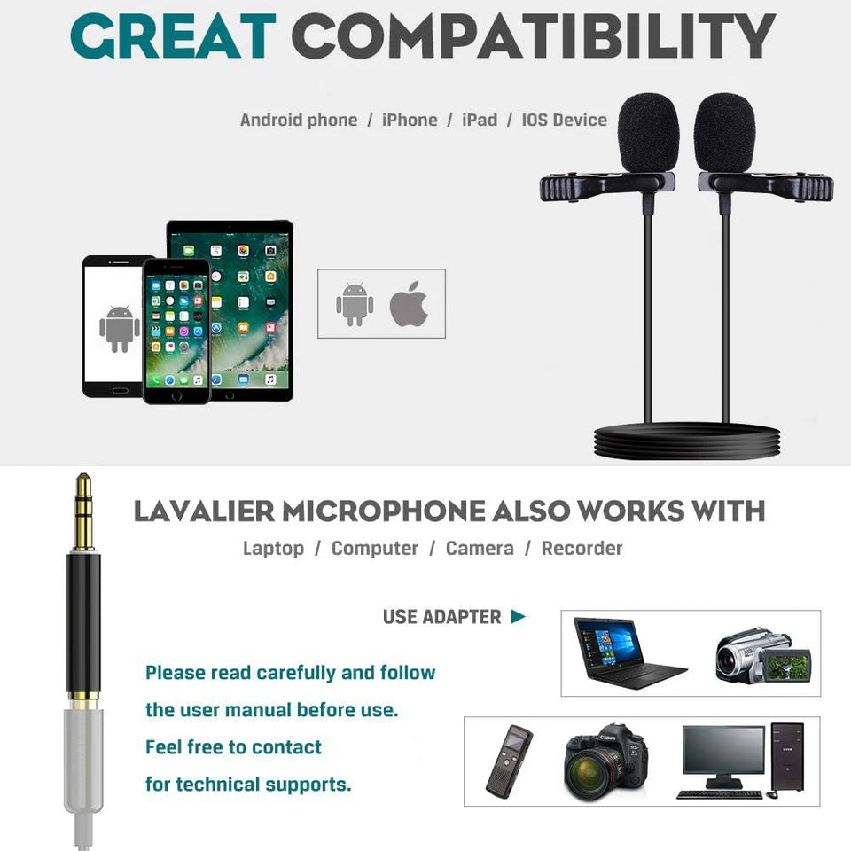 Professional Dual Mini Lavalier Microphone 3.5mm Mini Collar Clip Microphone Mic Studio Lapel Condenser Smartphones Microphone