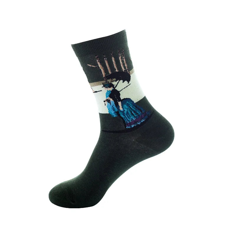 1 Pair Men Cotton Retro Abstract Oil Painting Art Socks Shout Modern Van Gogh Starry Night Happy Oil Painting Skateboard Sock