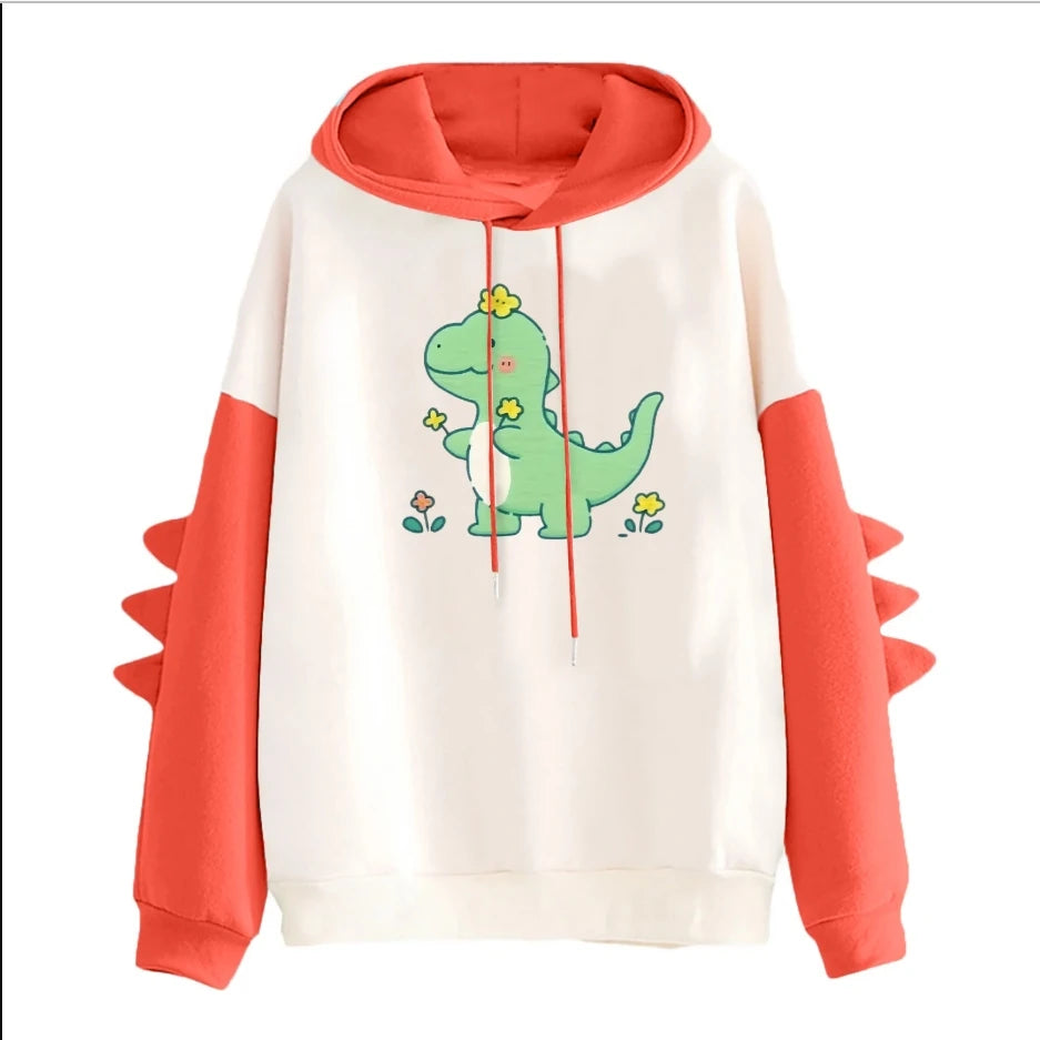 Winter Cute Dinosaur Cartoon Hoodie Women Fashion Sweatshirt Casual Print Long Sleeve Korean Style Splice Tops Kawaii Clothes