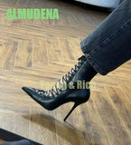 Hollow Out Cross Tie Fashion Pointed Sexy Mesh Leopard Print Perspective High-Heeled Women's Motorcycle Style Short Boots