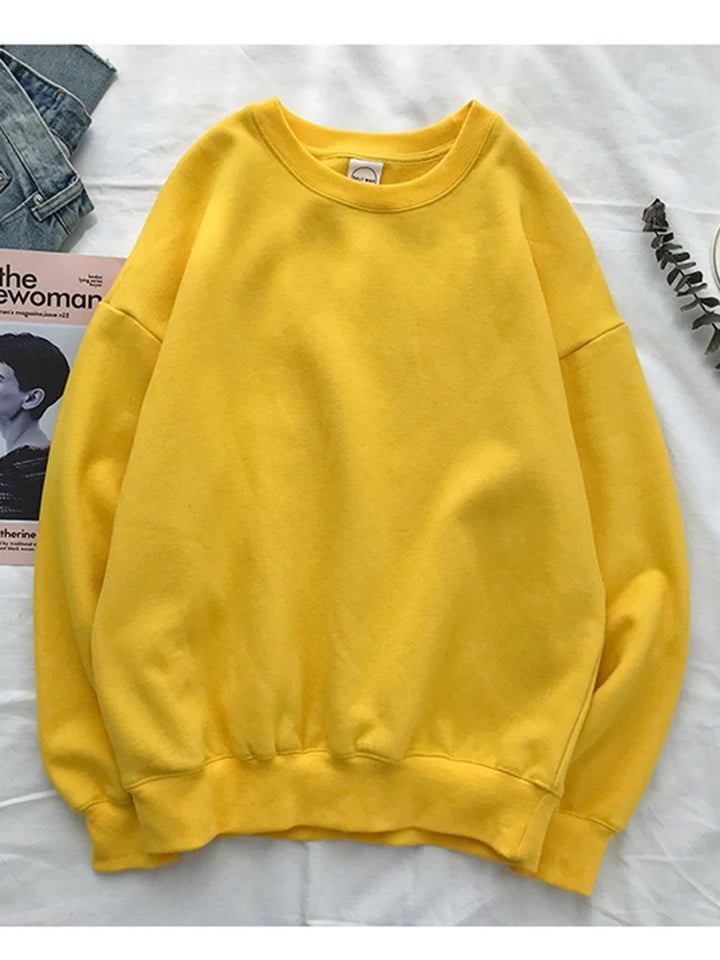 Woman Solid Color O-Neck Sweatshirt Casual Loose Fit Hoodie Harajuku Aesthetic Streetwear Velvet Pullover White Tops Korean Pop