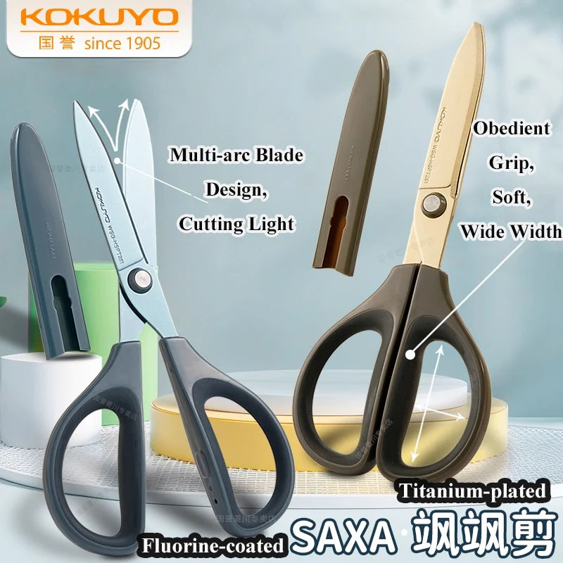 KOKUYO SAXA Curved Scissors for Effortless Cutting Non-stick Fluorine/Titanium Coated Safety Round Tip Portable Safe Craft Tools