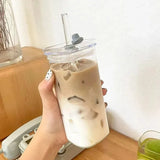 1Pcs Square Heat Resistant Coffee Glass Cup  With Lid and Straw Transparent Milk Tea Juice Cups For Home Bar Drinkware