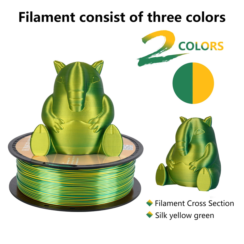 KINGROON Dual-color Silk PLA Filament 1.75mm 2 Color Coextrusion Glossy 3D Printer Filament PLA, 3kg/pack 1kg each spool