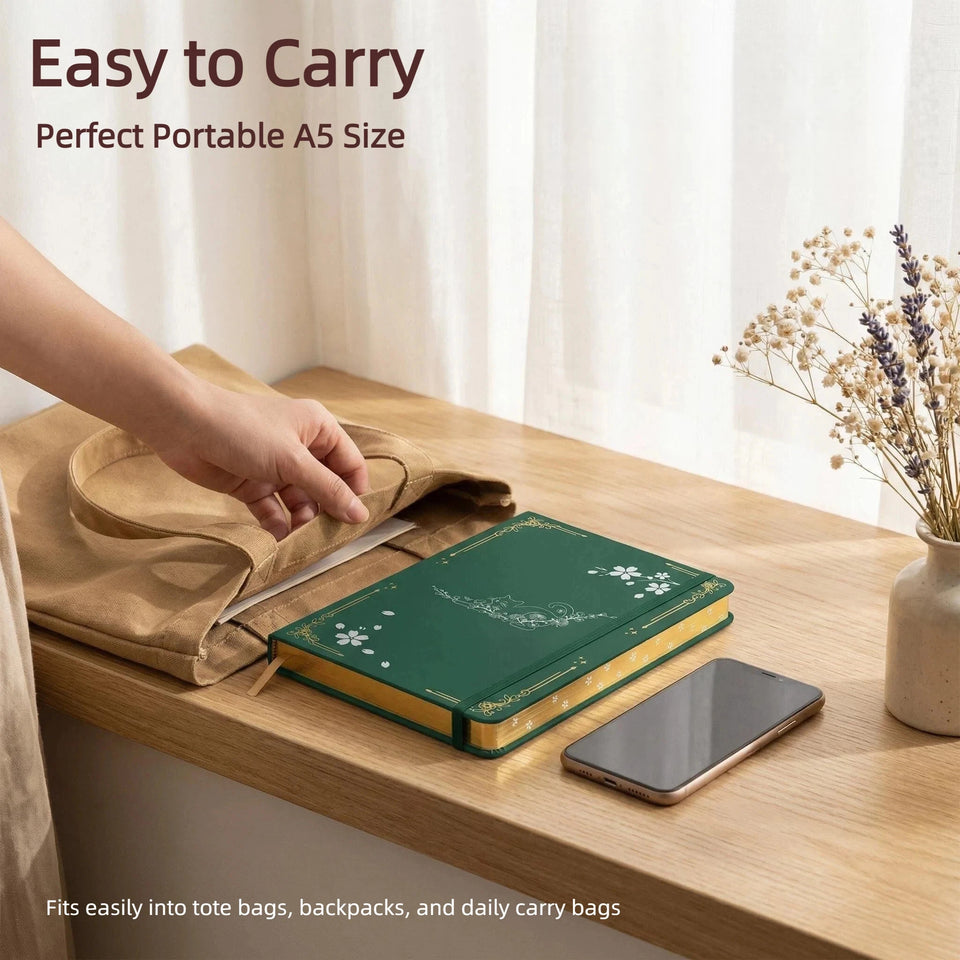 Cat & Cherry Blossom A5 Dot Grid Journal, 160gsm Thick Paper Hardcover Notebook, PU Leather Cover, Gilded Page Edges