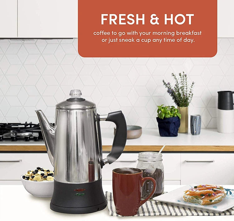 Electric Percolator 1.8L 12Cup Italian Coffee Maker Stainless Steel Quick Heating Reusable Filter Basket Fast Brew Home Office