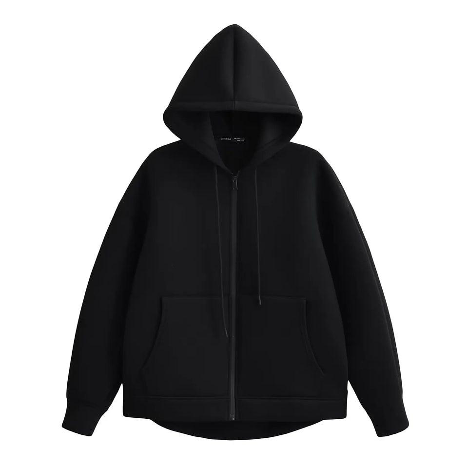 HH Autumn Women Gray Jacket With Hood Long Sleeve Big Pocket Zipper Jacket Coat Woman Loose Casual Outerwear Coat Tops
