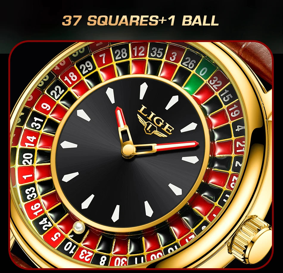 LIGE Creative Luxury Mens Watches Roulette Game Dial Fashion Mens Watch Waterproof Luminous Quartz Wristwatches Rolling Ball