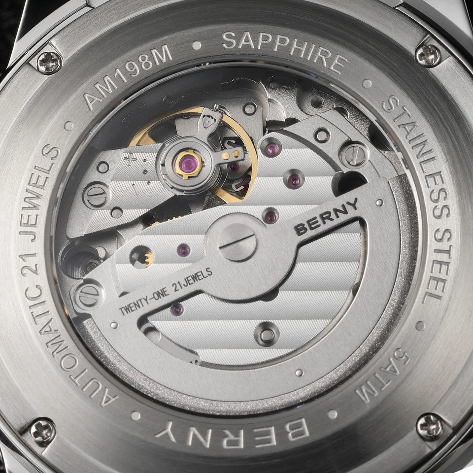 BERNY Automatic Men's Skeleton Watch 5ATM Luminous Sapphire Exhibition 3D Dial 316L Steel MIYOTA 82S0 Mechanical Watches for Men