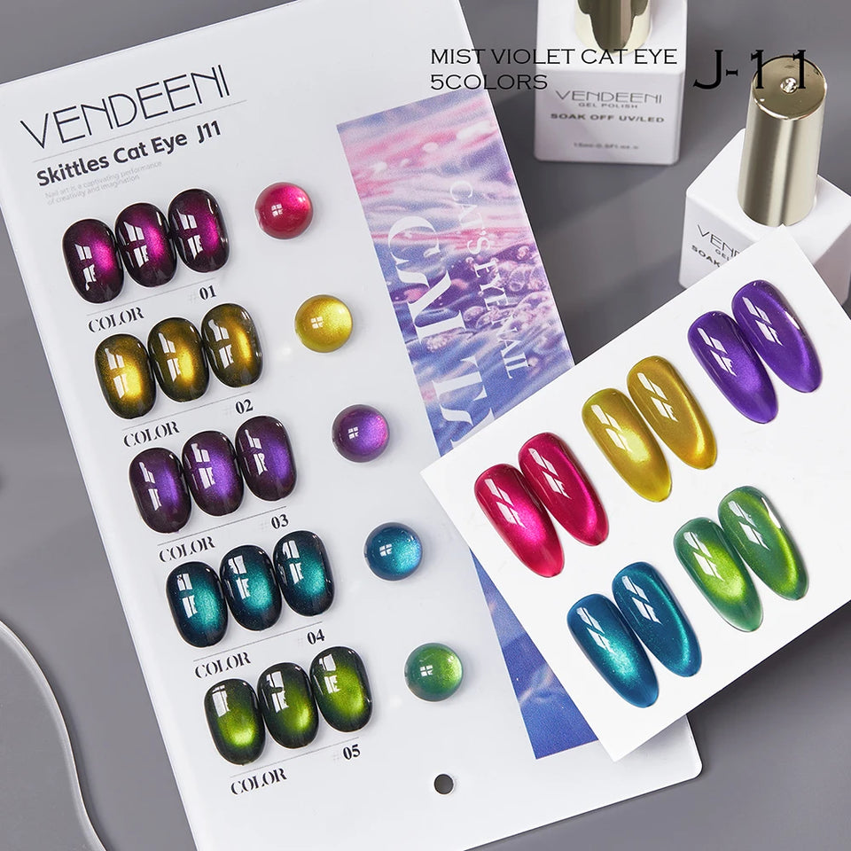 Vendeeni 5 Colors/Set Crystal Cat Eye Gel Nail Polish Semi Permanent Sparkling Magnetic UV LED Soak Off Gel Varnish With Display