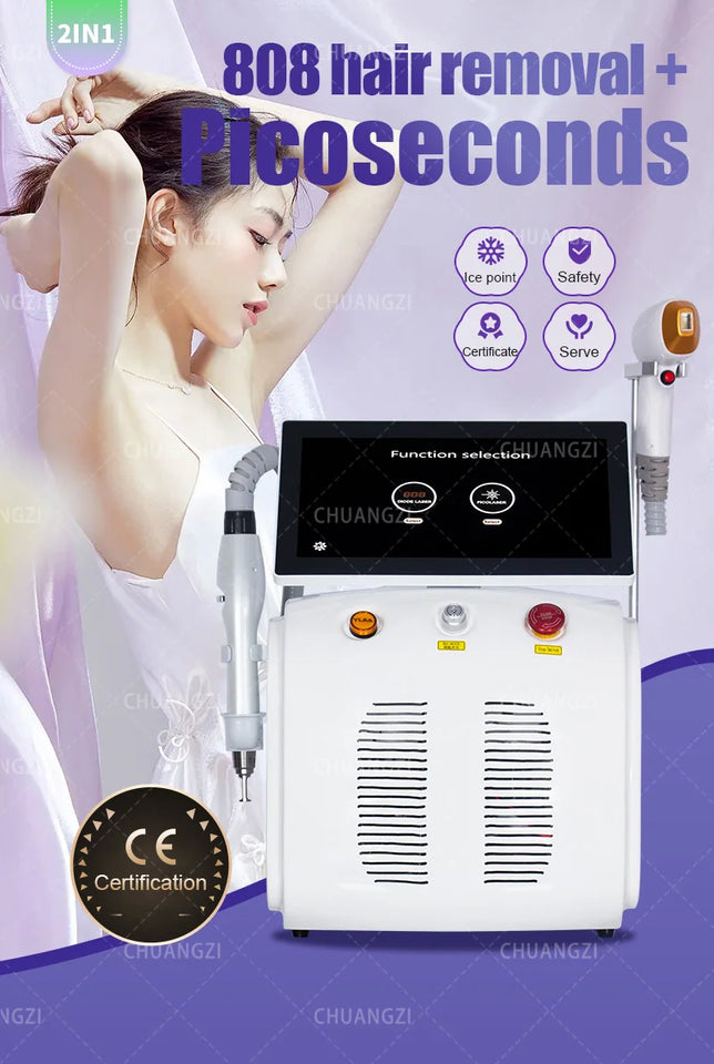 Multifunctional 2 in 1 Diode and Nd Yag Laser 755 808 1064nm Hair Removal Machine Portable Picoseconds Laser Tattoo Remover