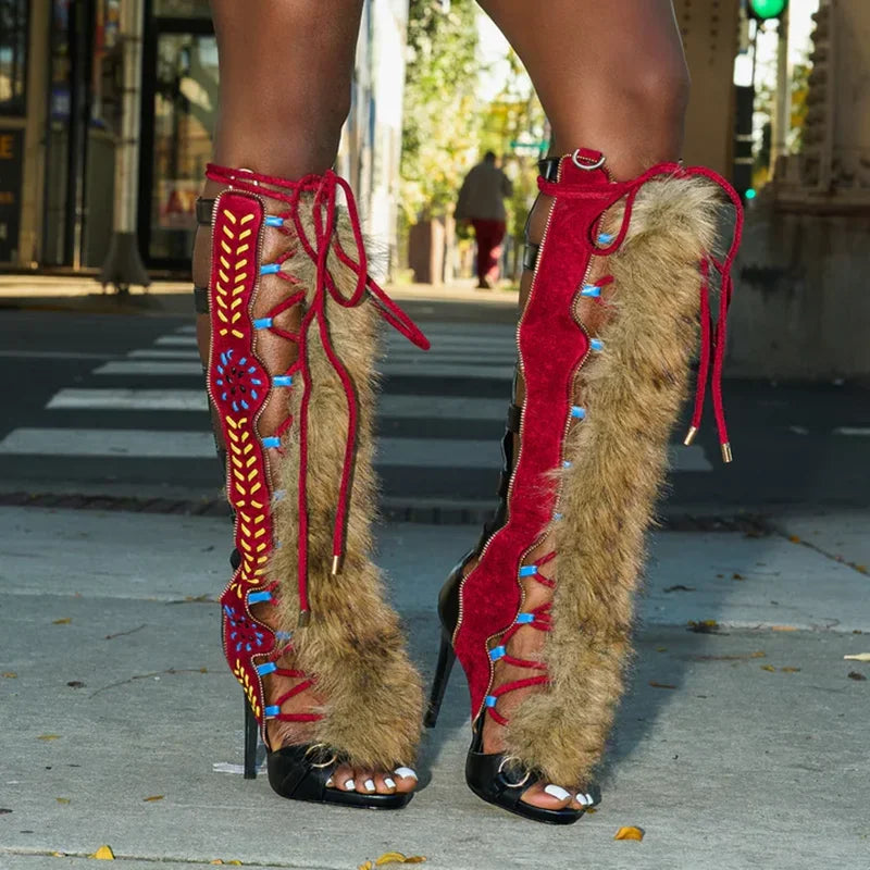 Fur Peep Toe Cross Tied Platform Sandal Boots Sexy Round Toe Thin Heel Zippeer New Arrivals Fashion Women Modern Boors