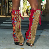 Fur Peep Toe Cross Tied Platform Sandal Boots Sexy Round Toe Thin Heel Zippeer New Arrivals Fashion Women Modern Boors