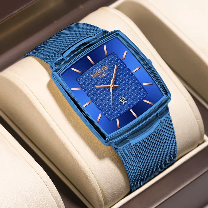 NIBOSI Mens Watches Top Brand Luxury Square Quartz Watch Men Slim Mesh Waterproof Sport Wristwatch Date Luminous Reloj Hombre