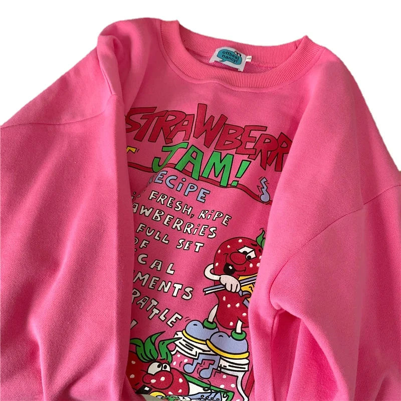 Harajuku Retro Top Strawberry Print Sweatshirt  Women Loose Streetwear Sweatshirts American  Oversized Pullovers