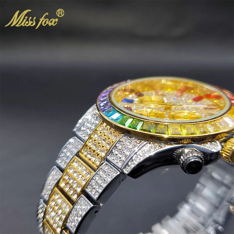 MISSFOX Men Watches 2021 Luxury Large Case With Baguette Full Diamond Quartz Wristwatch Chronograph Calendar Watch Droshipping